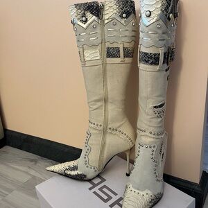 Elegant Beige and Silver Studded Heeled Boots